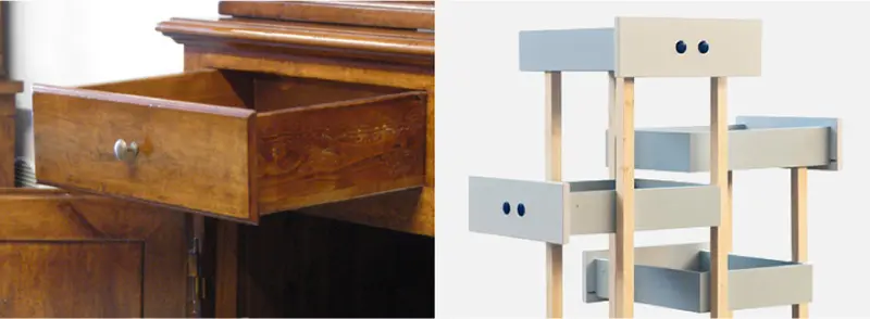 doppia immagine mobile in legno e cassetti restaurati
